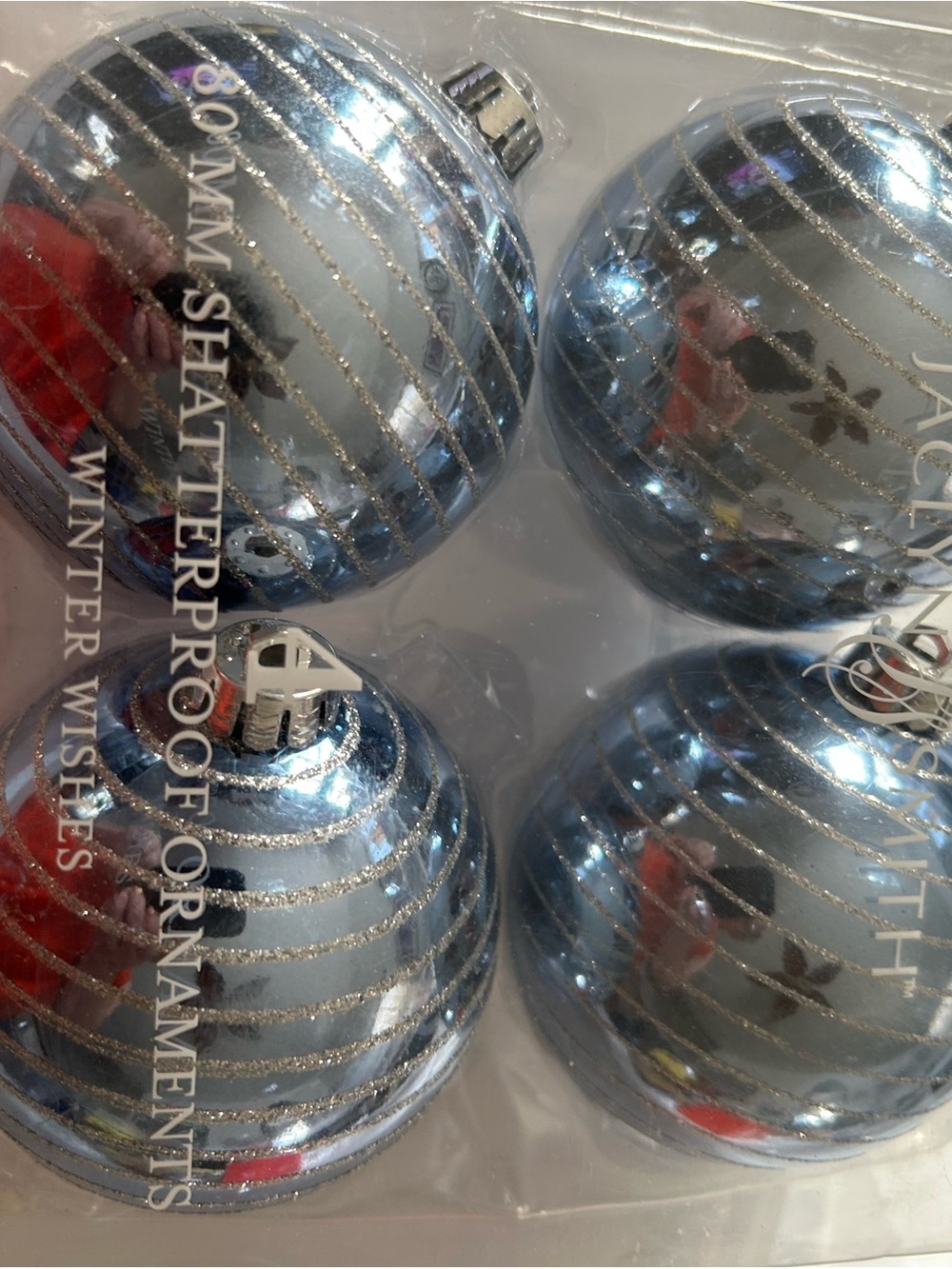 Jaclyn Smith Shatterproof Blue Stripe Holiday Ornaments - Pack of 4